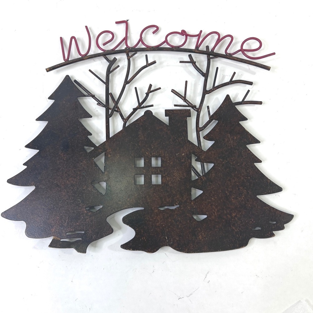 Rustic Metal Welcome Sign Cabin Pine Trees Silhouette Wall Decor Brown Burgundy